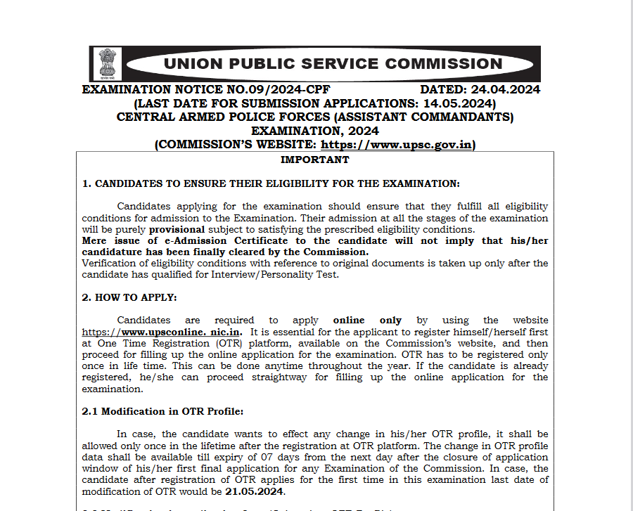 UPSC CAPF 2024 Notification